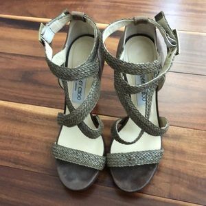 JIMMY CHOO OLIVE GREEN WOVEN WRAP ANKLE STRAP PLATFORM SANDALS SIZE 38 1/2